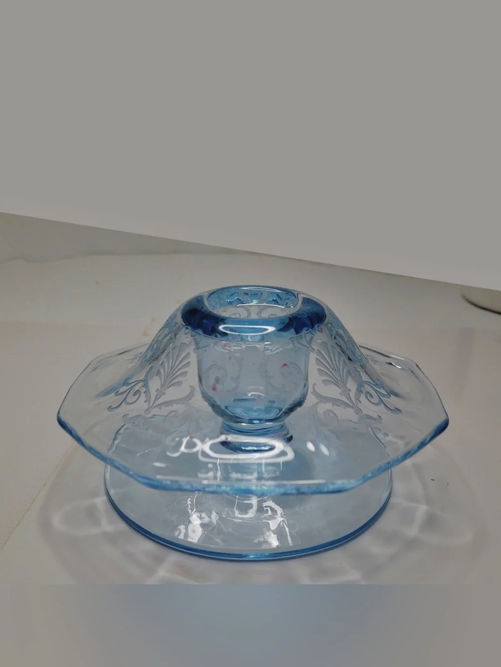 1 Vintage Fostoria Versailles etched Azure clear blue Mushroom Shape Candlestick